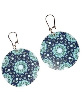 Turquoise Blue Round Mandala Earrings Bohemian Kaleidoscope Stainless Steel Wire